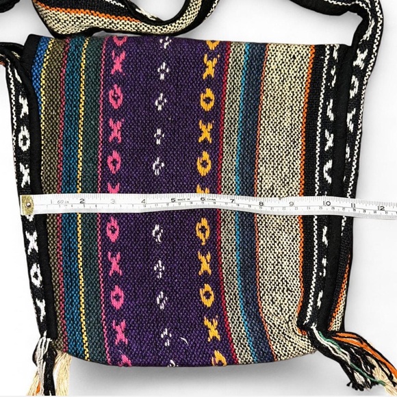 NWOT Multicolor Ethnic Boho Crossbody Bag Hand Woven Cloth Fringe Pocket Unisex - Picture 6 of 8